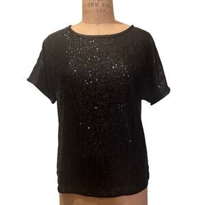 Women's Black Sparkly Sequin Short Sleeve T-shirt Top NWT Size S